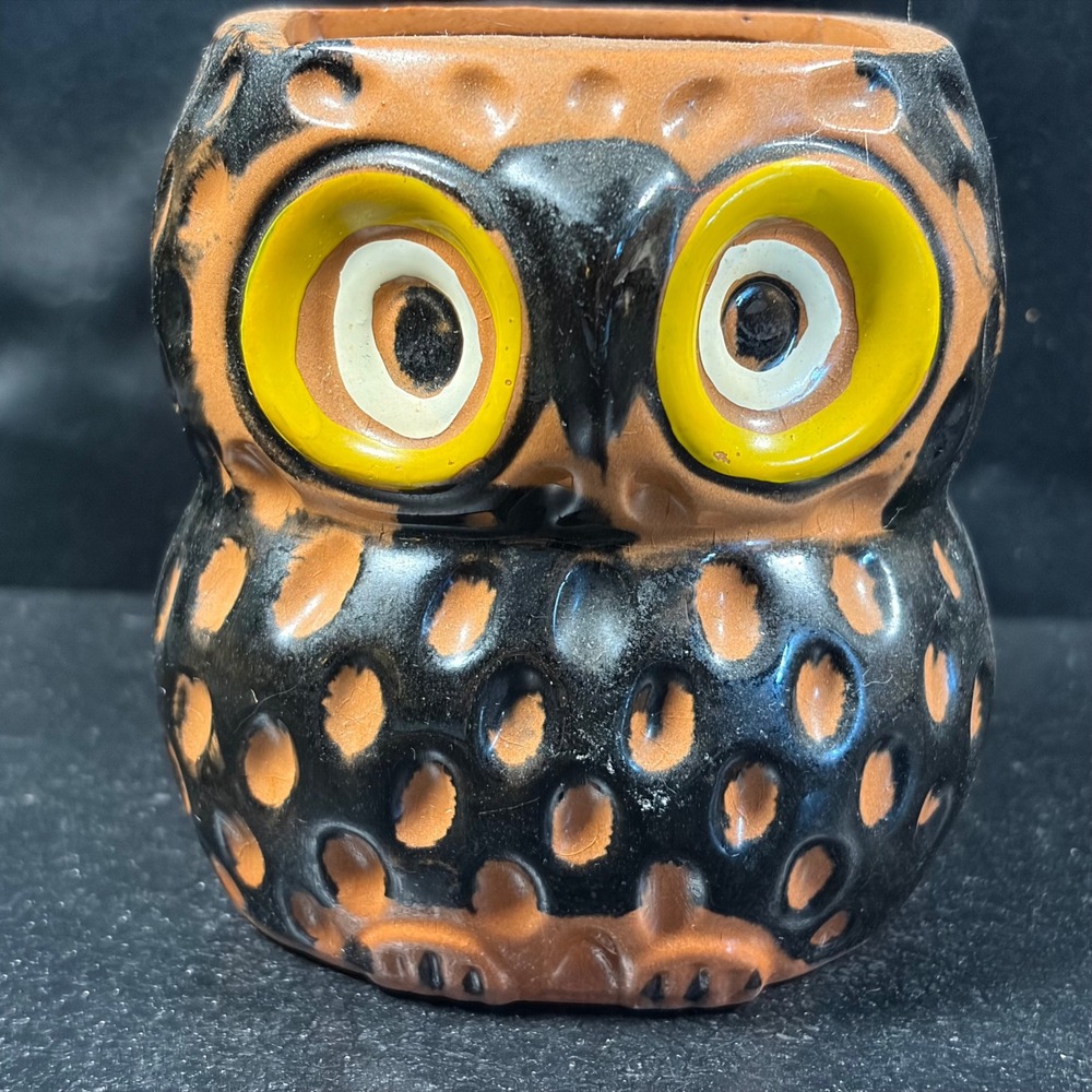 Vintage Terracotta Owl Pencil Sharpener Hand Painted Studio Pottery Figurine